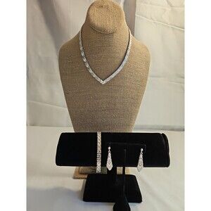 Vintage Set of Sterling Silver 925 Woven Chevron V Necklace Bracelet and earring